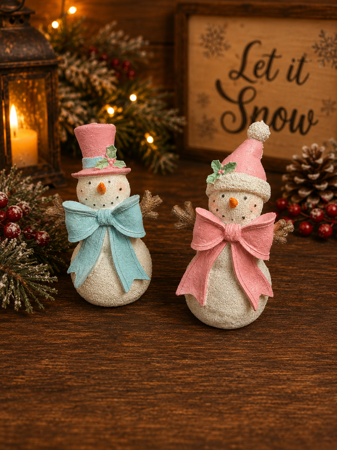 Pastel Bow Snowman 5" Stander SET OF 2