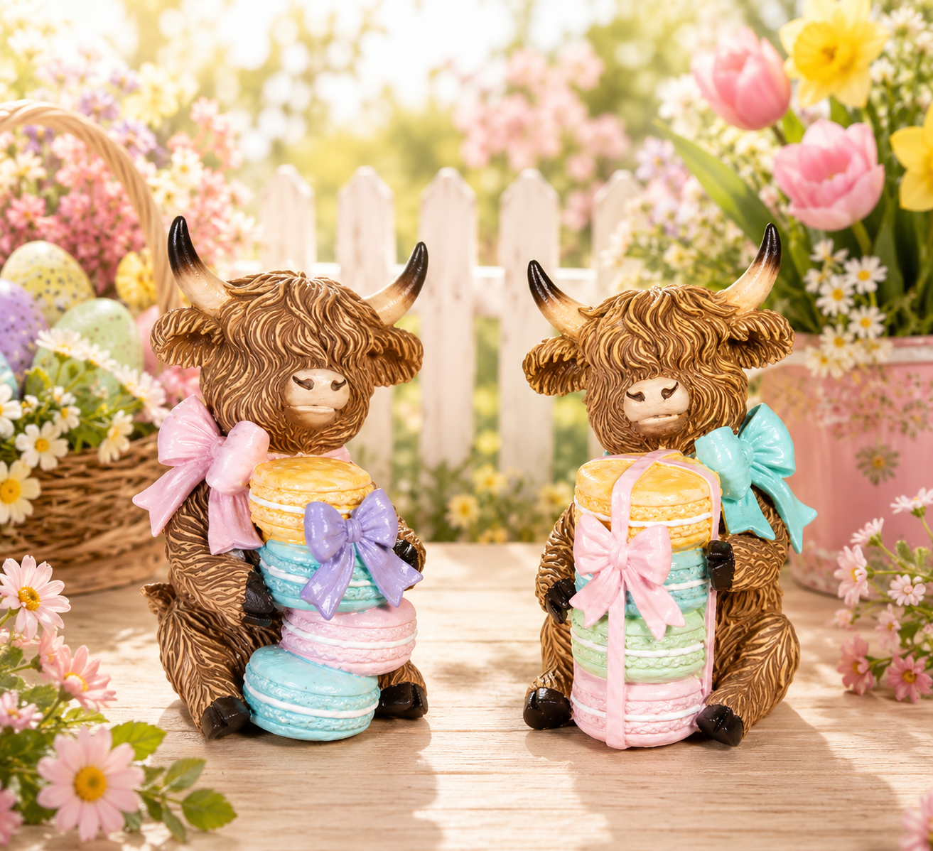 PREORDER ONLY 5.31"H Resin Highland Cow w/ Macarons SET OF 2