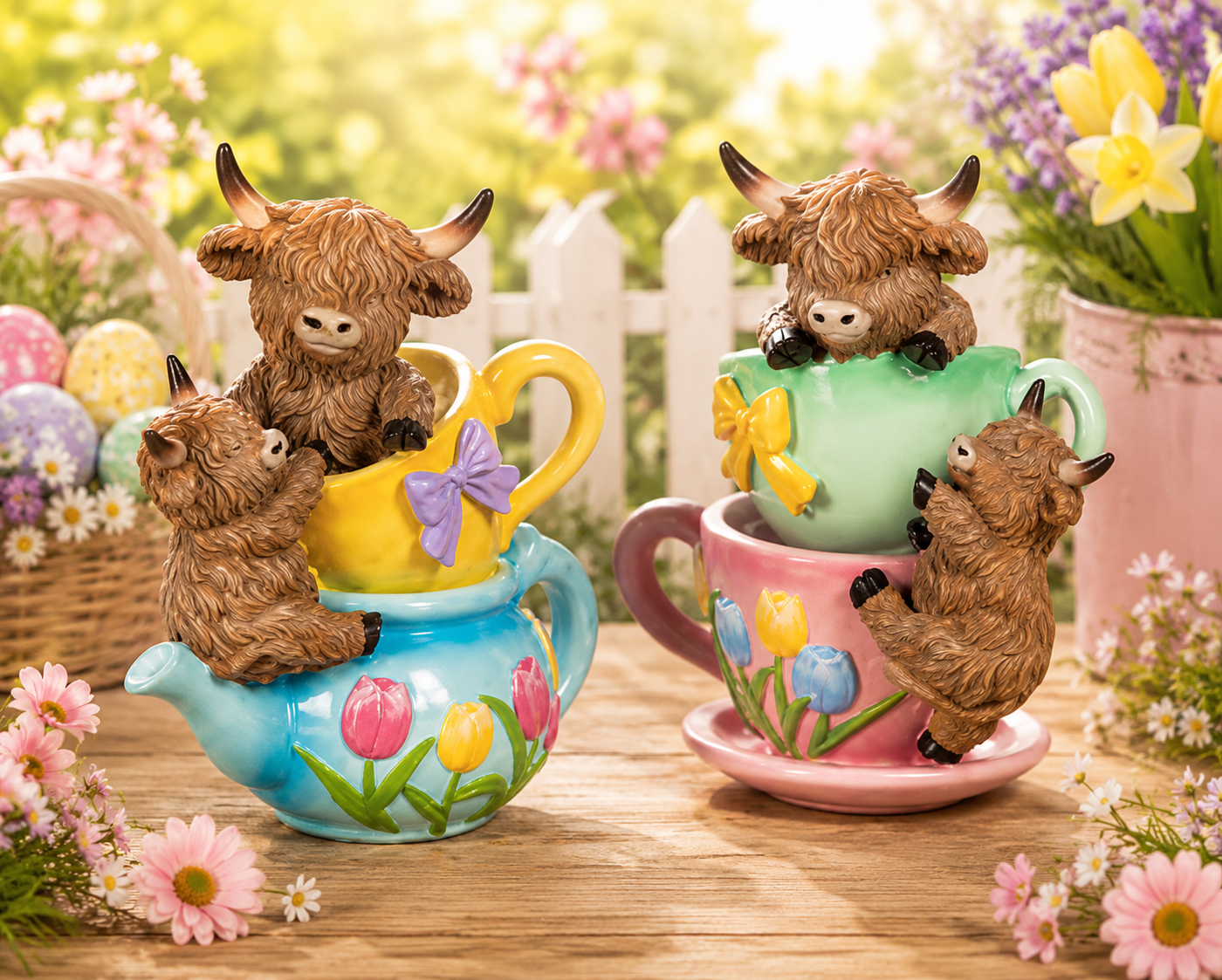 PREORDER ONLY 5.12"H Resin Stacking Teacup & Teapot w/ Highland Cows SET OF 2