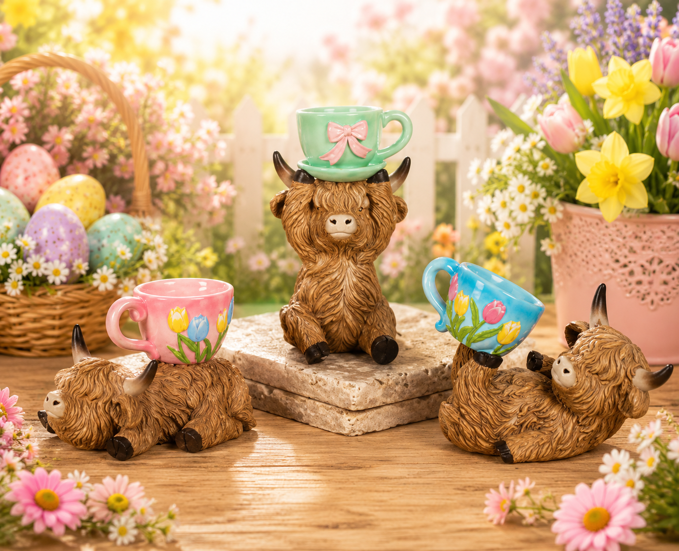 PREORDER ONLY 3.54"H Resin Highland Cow w/ Teacup SET OF 3