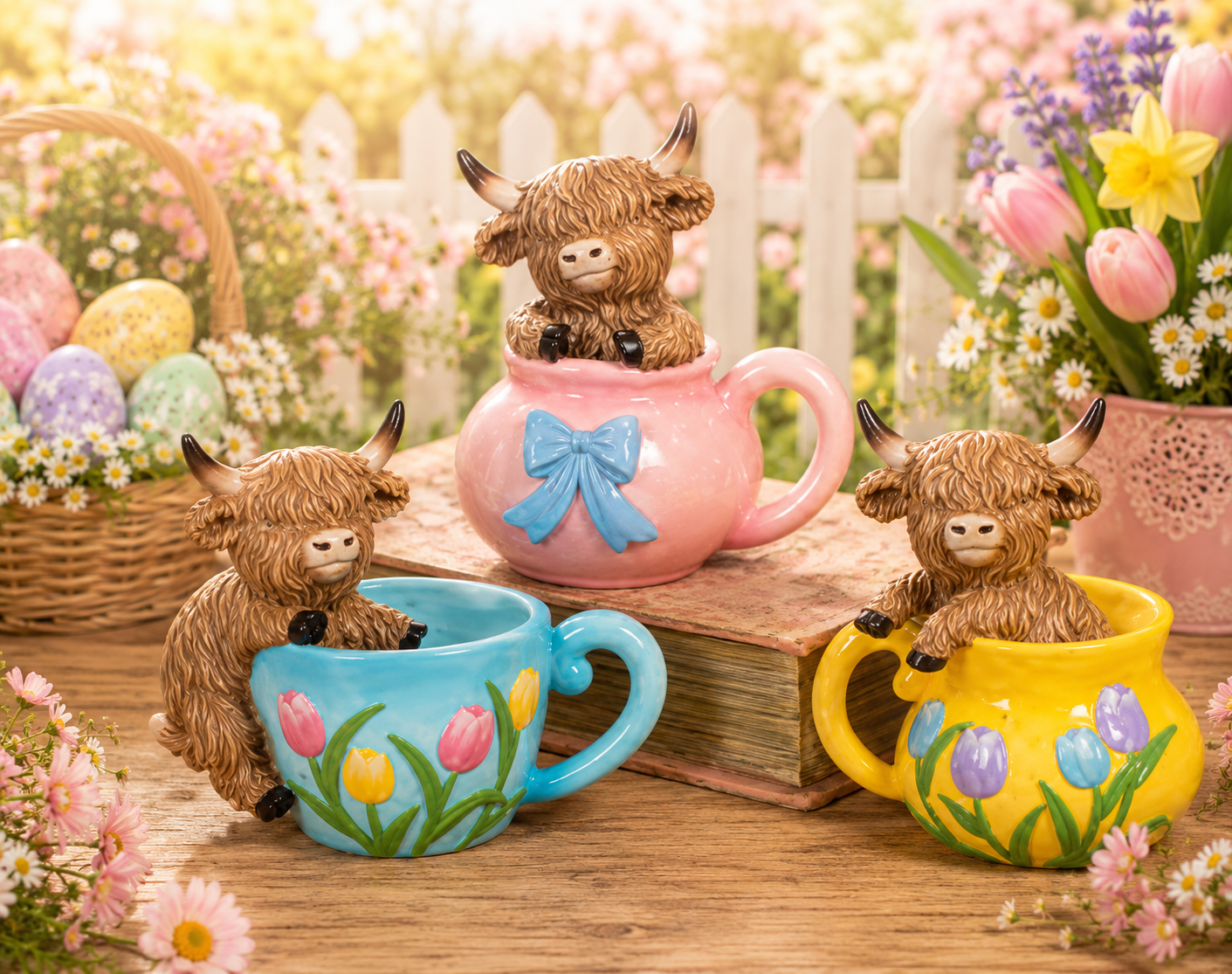 PREORDER ONLY 4.13"H Resin Highland Cow in Teacup SET OF 3