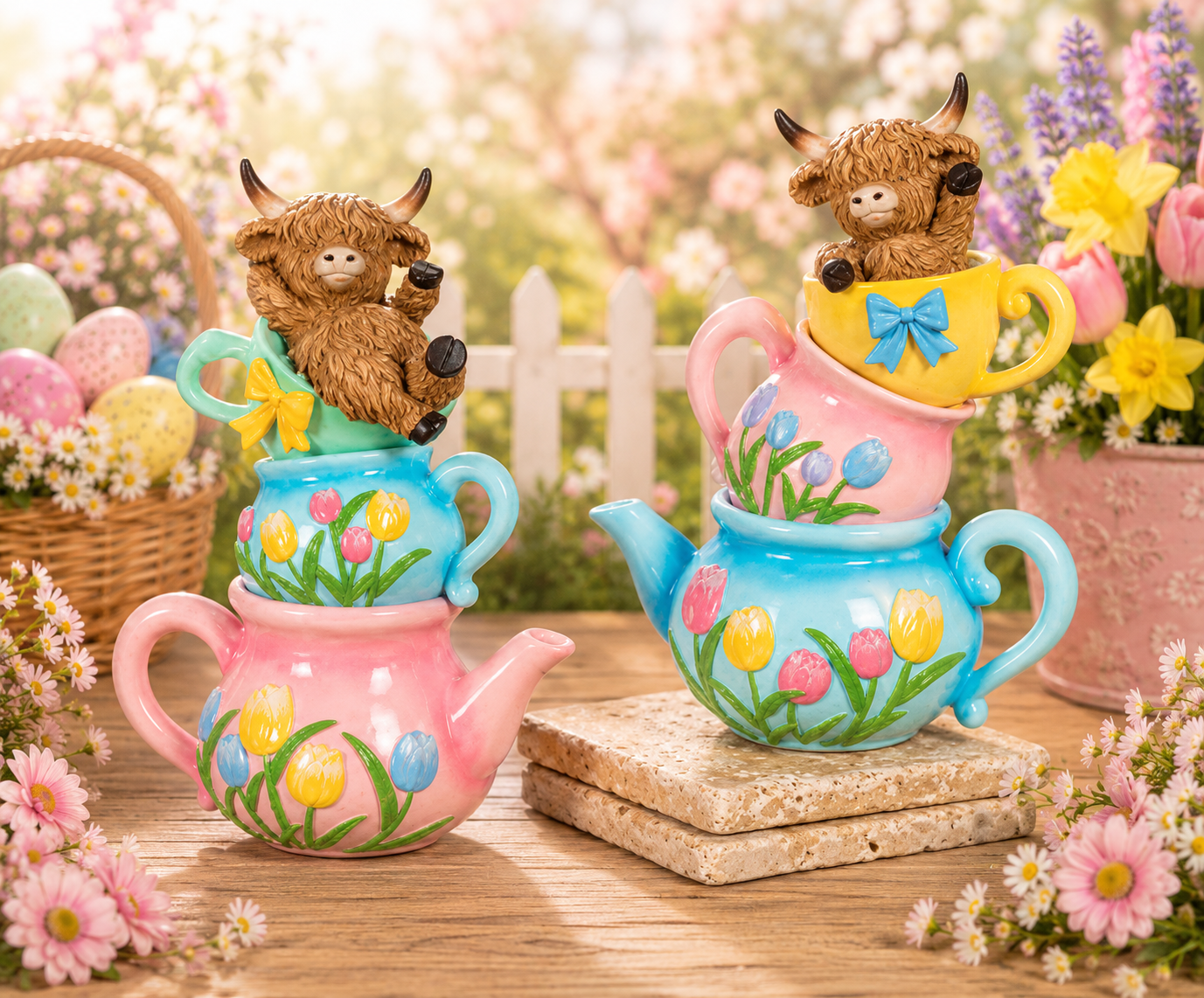 PREORDER ONLY 7.09"H Resin Stacking Teacup & Teapot w/ Highland Cow SET OF 2