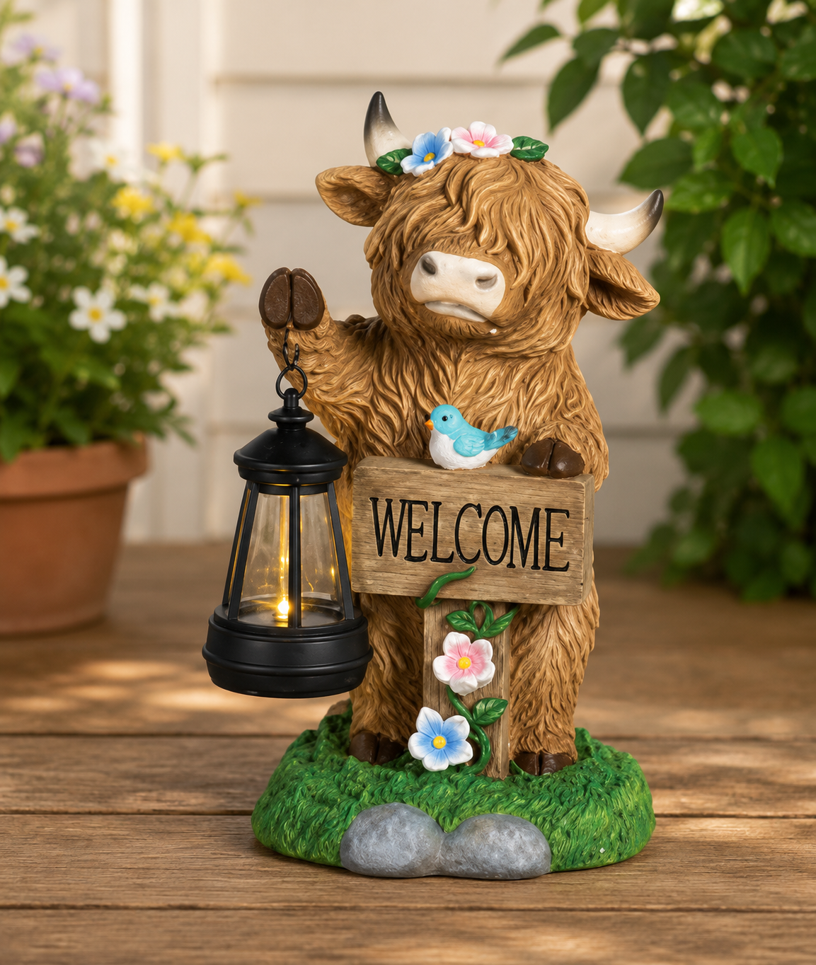 PREORDER ONLY 11.02"H Solar Lighted Resin Highland Cow w/ Lantern