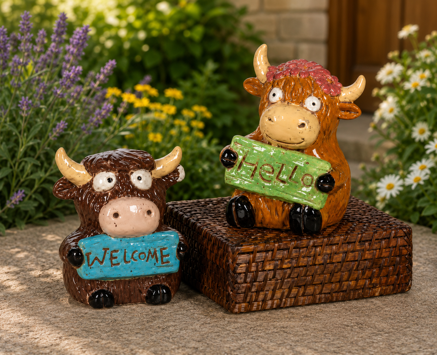PREORDER ONLY 6.38"H Stoneware Highland Cow with Sign SET OF 2