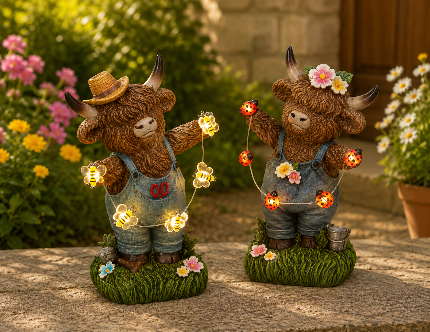 PREORDER ONLY 8.27"H B/O Lighted Resin Highland Cow w/ Light String & Timer SET OF 2