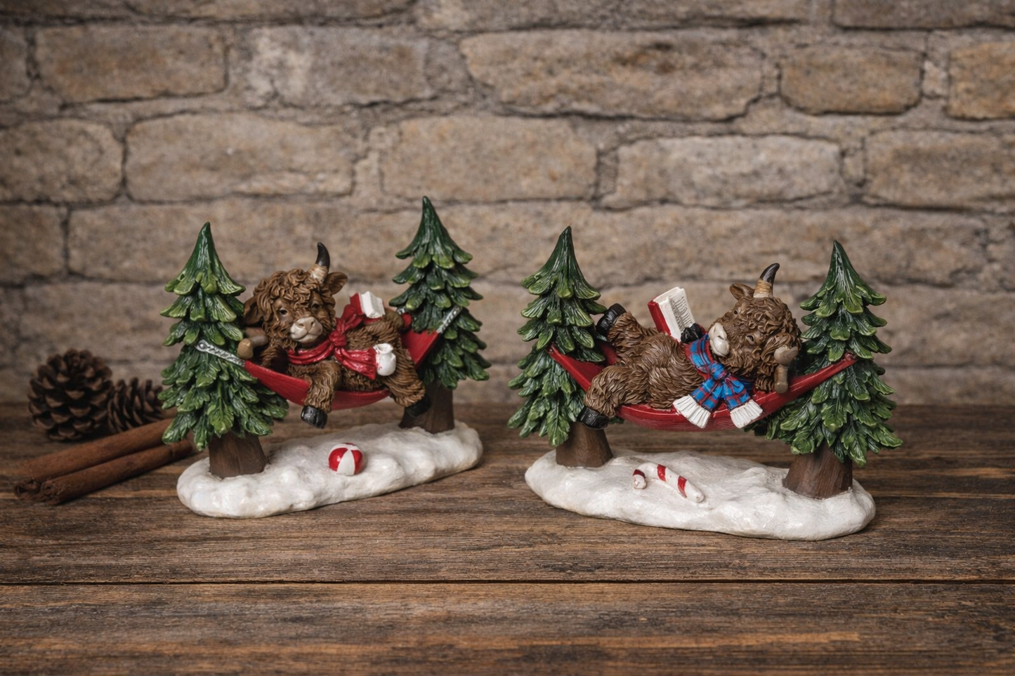 PREORDER ONLY 6.3"L Resin Holiday Hammocking Highland Cow Figurine SET OF 2