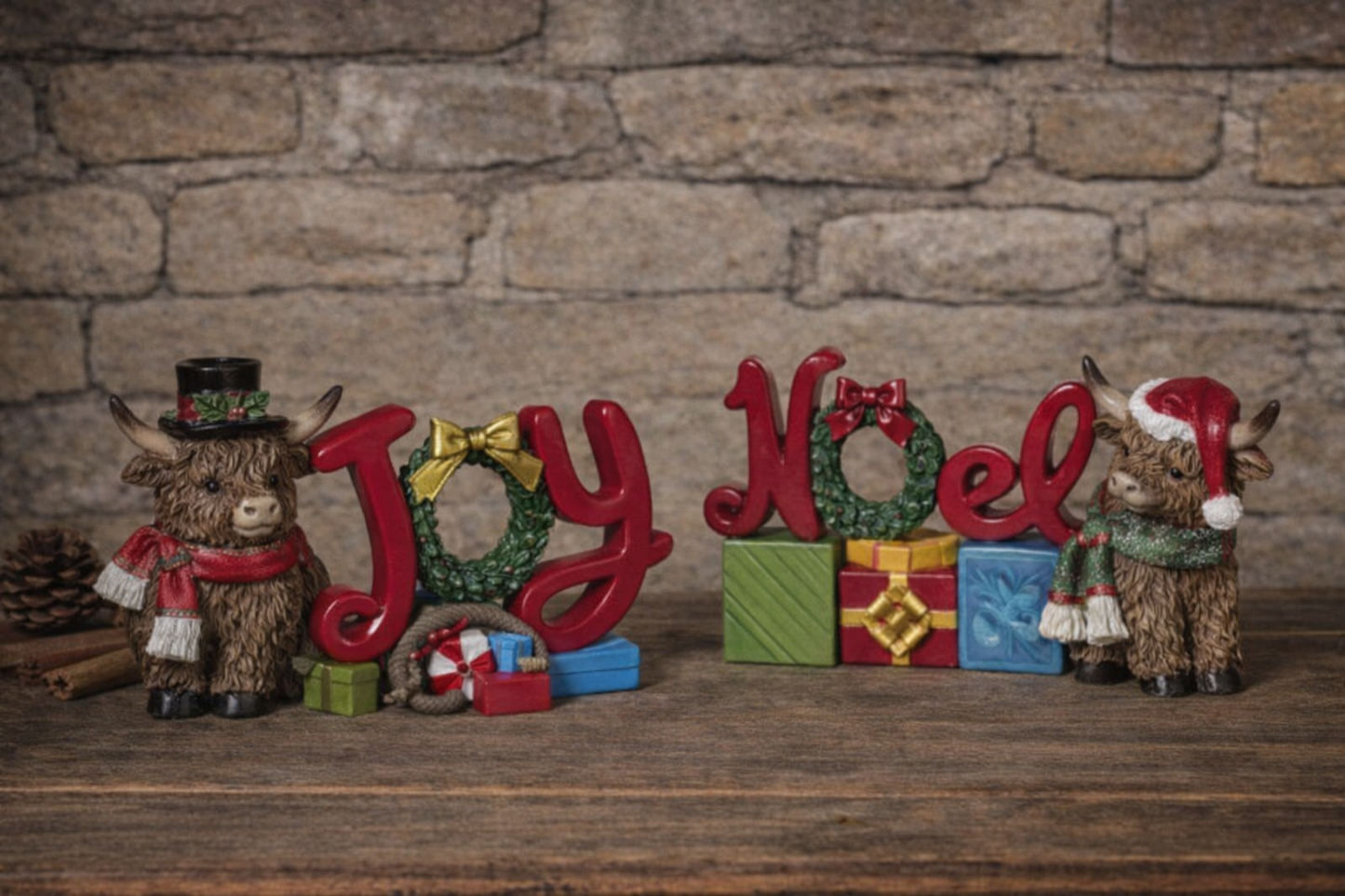 7.28"L Resin Holiday Highland Cow w/ Sign NOEL AND JOY PREORDER ONLY
