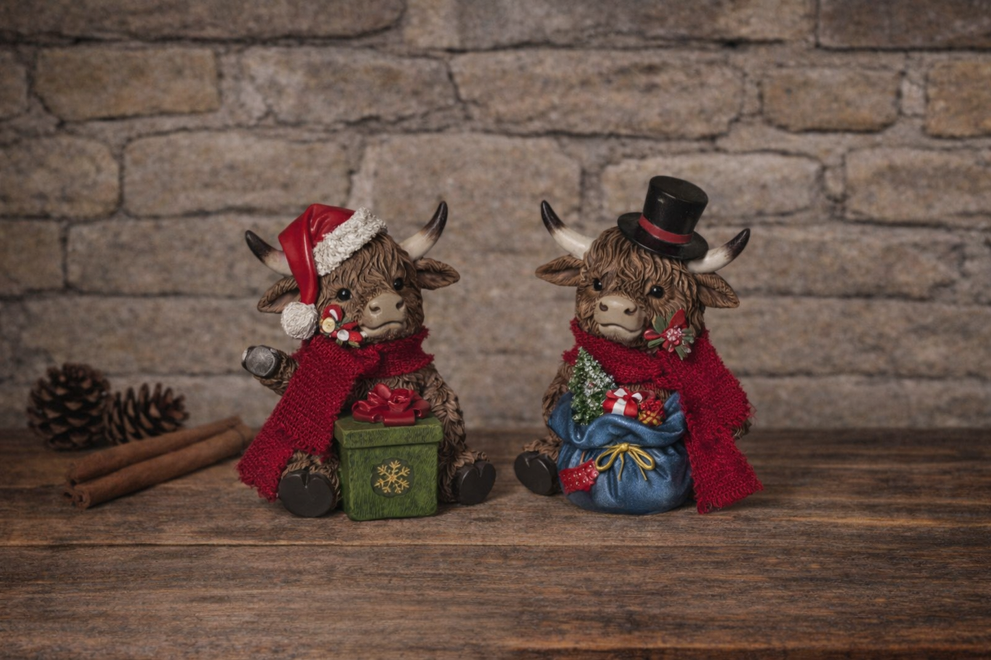 5.3"H Resin Holiday Highland Cow w/ Gift SET OF 2 PREORDER ONLY