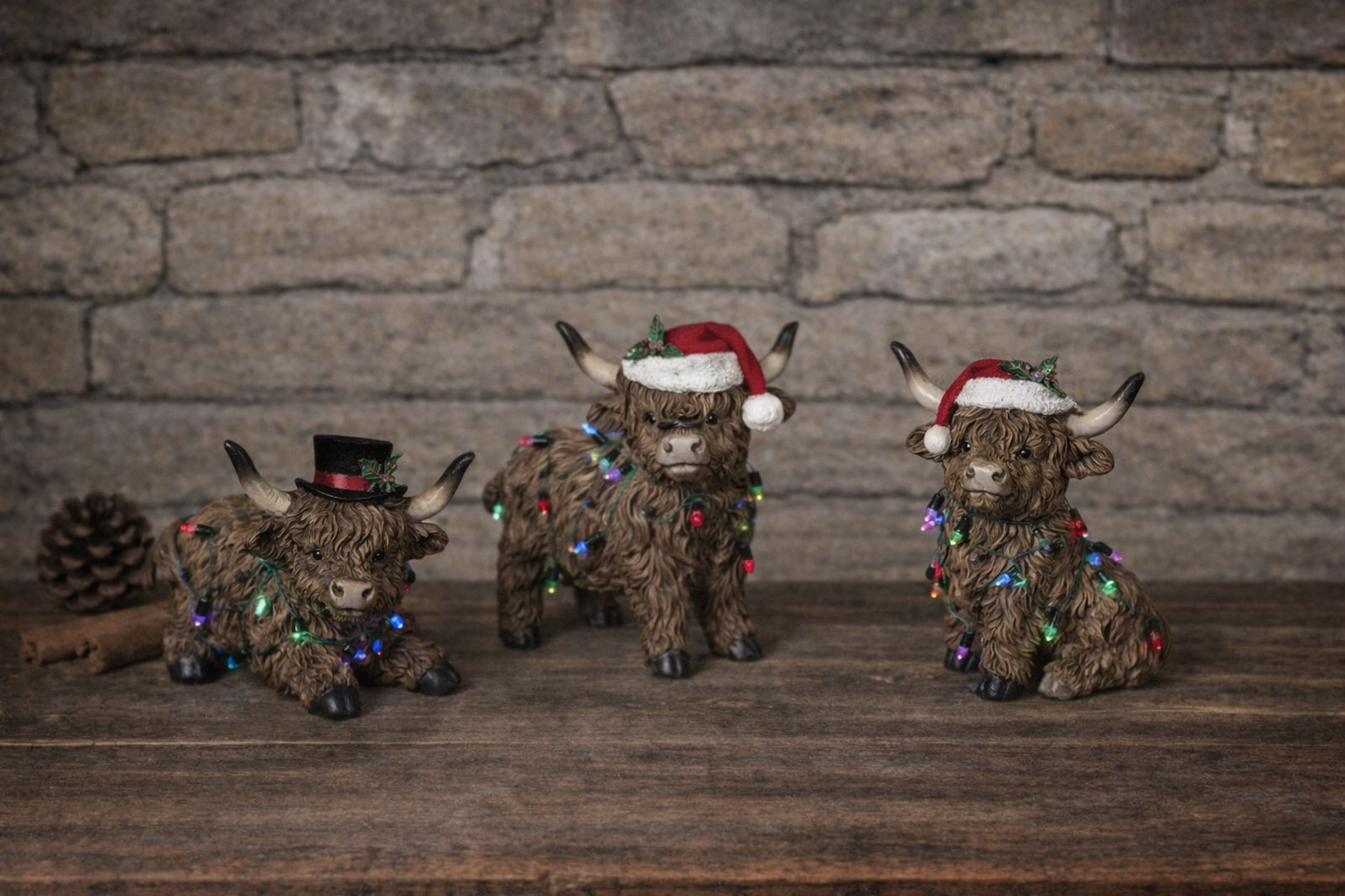 5.1"H Resin Holiday Highland Cow SET OF 3 PREORDER ONLY