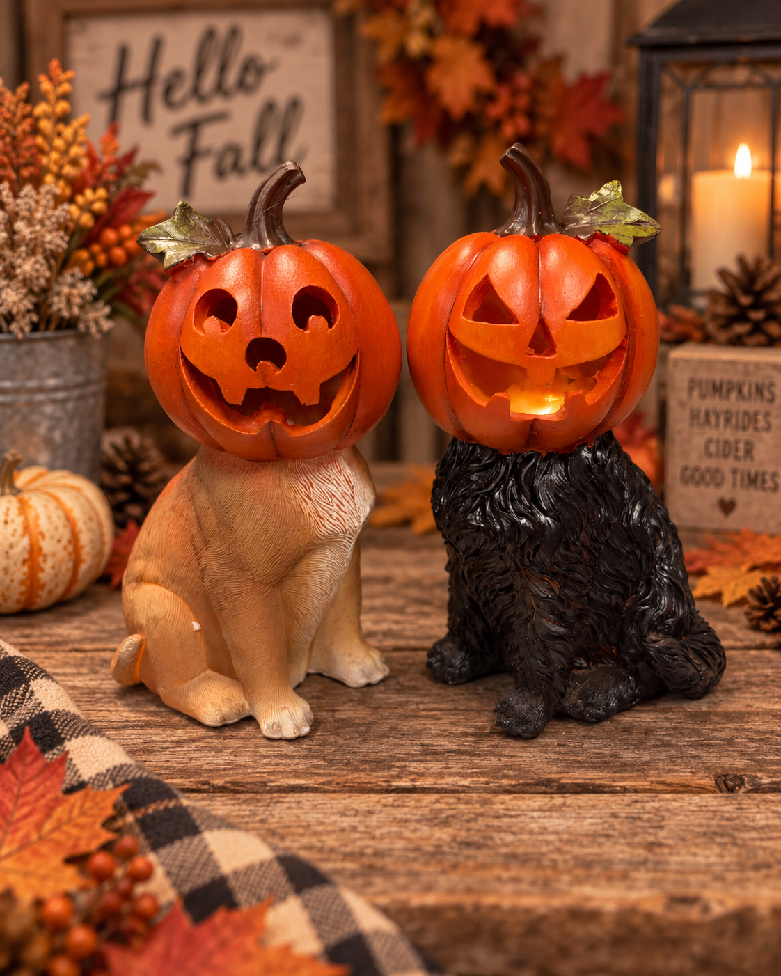 7.28" H Light Up Resin Halloween Dog and Cat Head With Pumpkin SET OF TWO