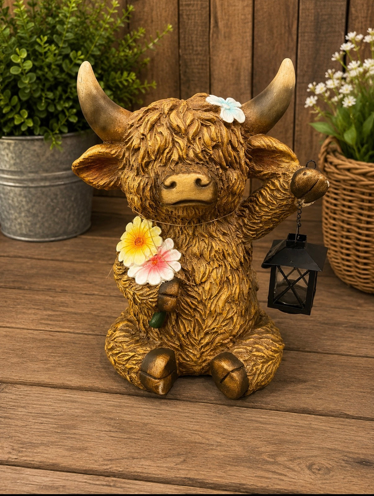 PREORDER ONLY Spring Flowers Highland Cow with Tealight Lantern
