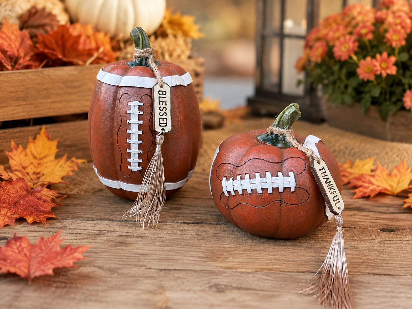 6.3"H Resin Harvest Football Pumpkin w/ Tag SET OF 2