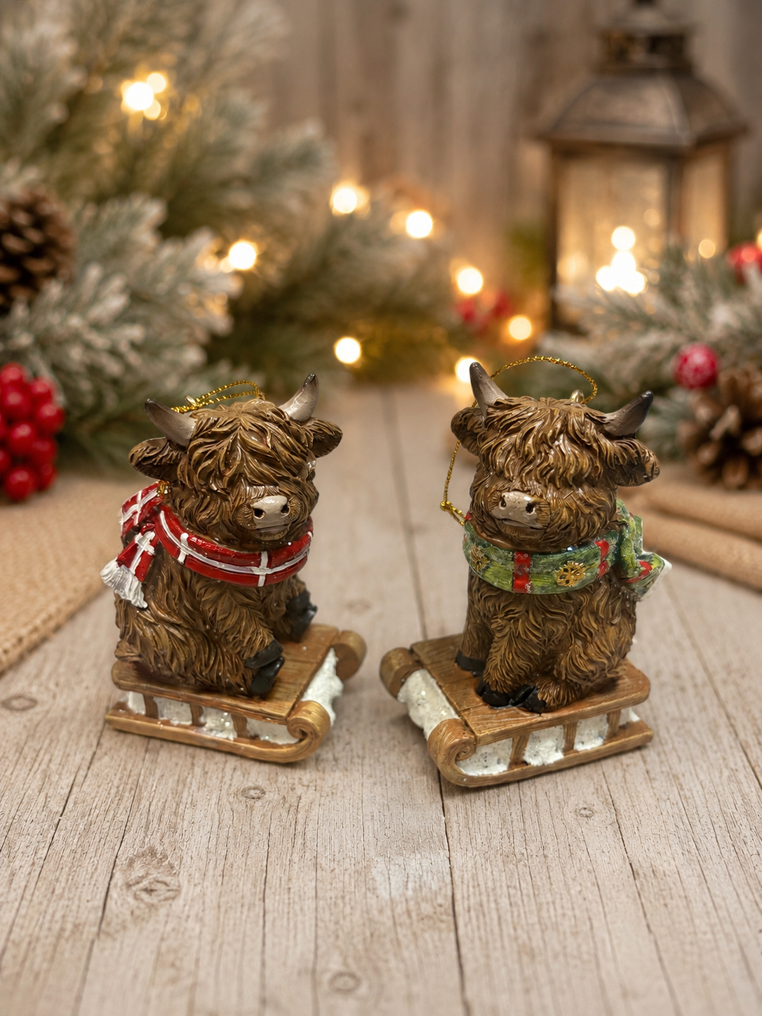 In stock Highland Cow on a sled SET OF 2