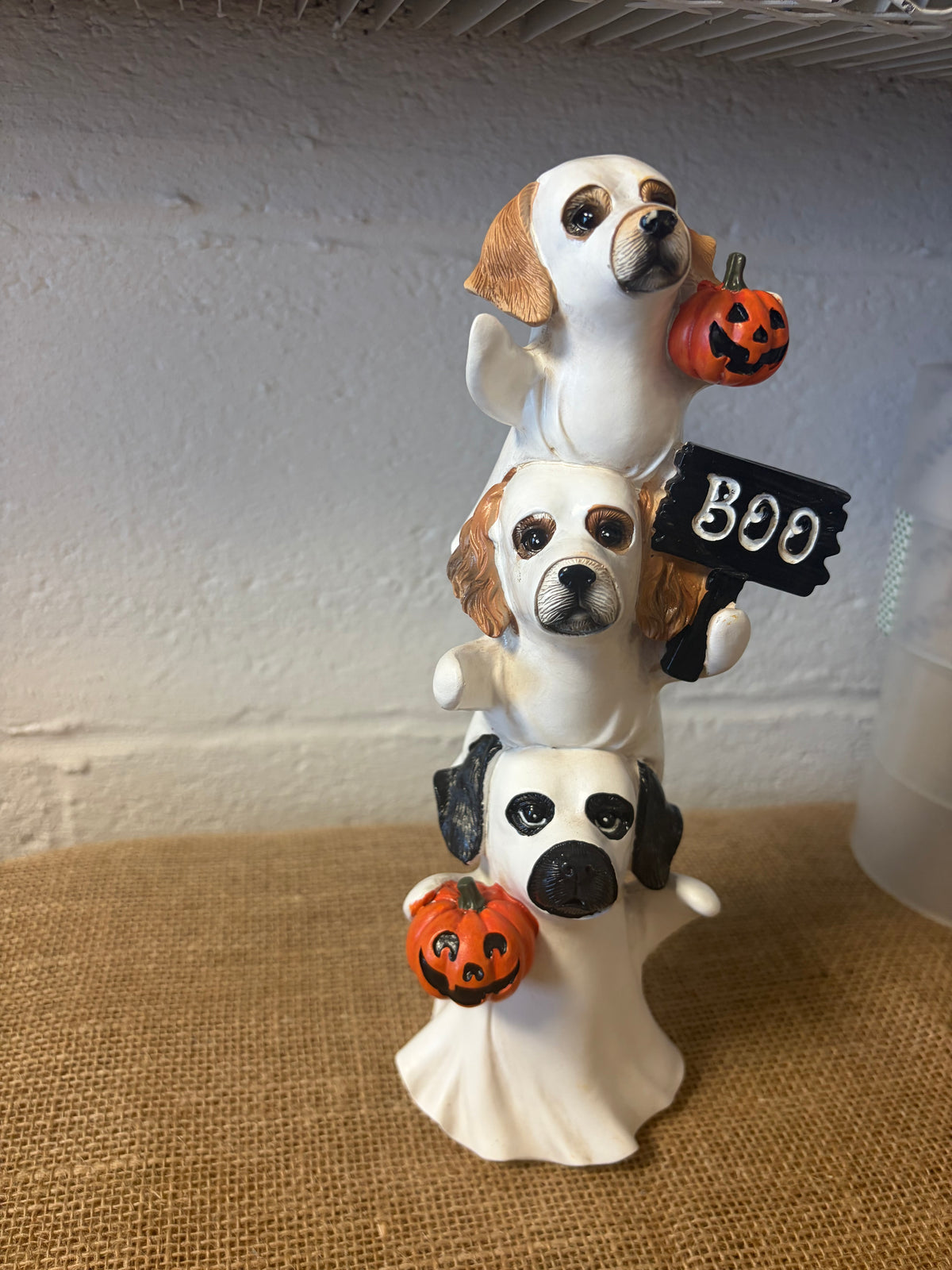Halloween Dog Ghost Figurine w/ Pumpkin & BOO Sign resin material