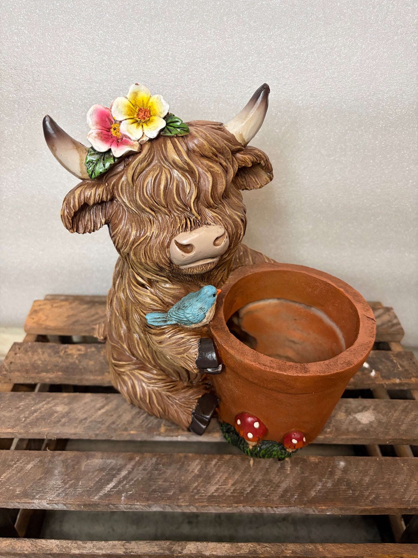 Highland Cow Planter with Flowers and Bird