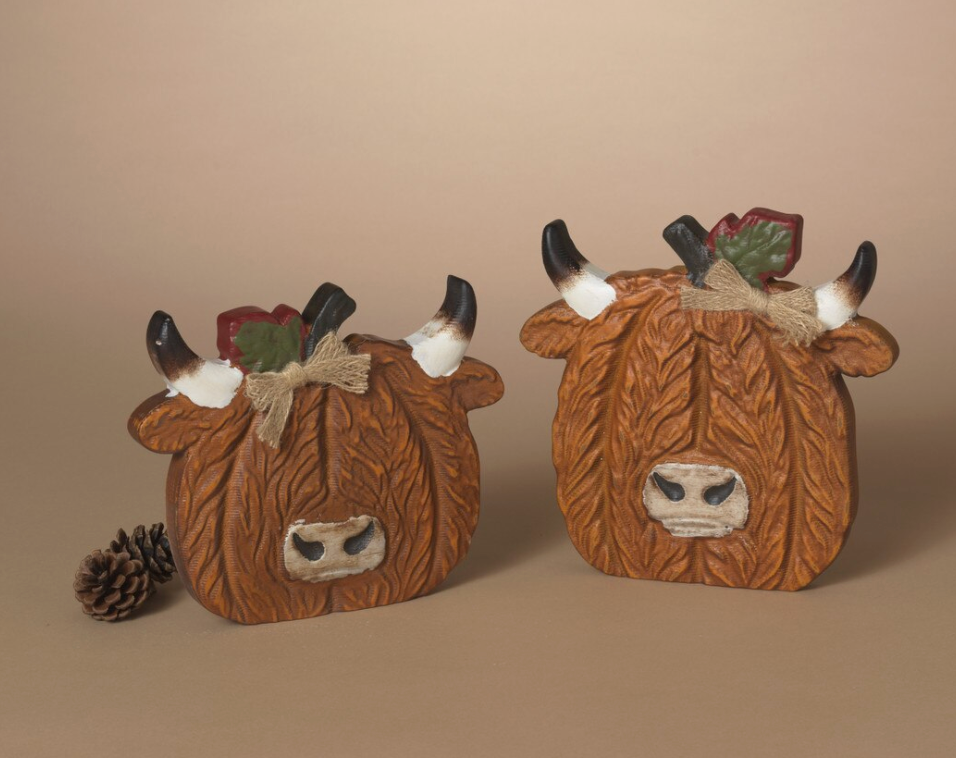 PREORDER ONLY 7.68"L Wood Engraved Harvest Highland Cow Head Decor SET OF 2