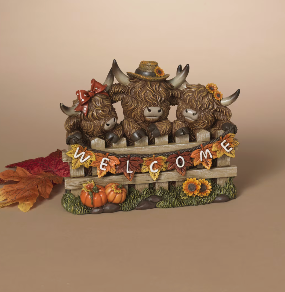 PREORDER ONLY 8.27"L Resin Harvest Highland Cows w/ Sign