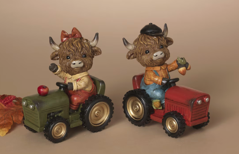 PREORDER ONLY 6.3"H Resin Harvest Highland Cow w/ Tractor SET OF 2