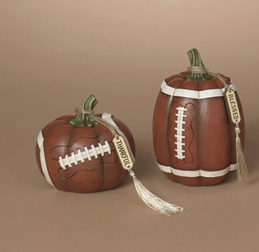 PREORDER ONLY 6.3"H Resin Harvest Football Pumpkin w/ Tag SET OF 2