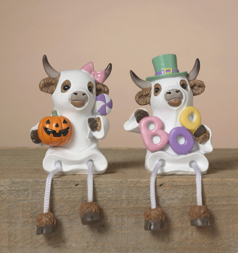 PREORDER ONLY 3.94"H Resin Halloween Highland Cow Ghost Shelf Sitter SET OF 2