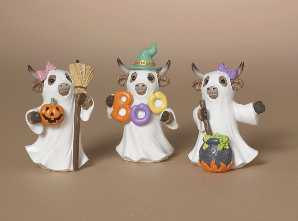 PREORDER ONLY 4.53"H Resin Halloween Highland Cow Ghost SET OF 3