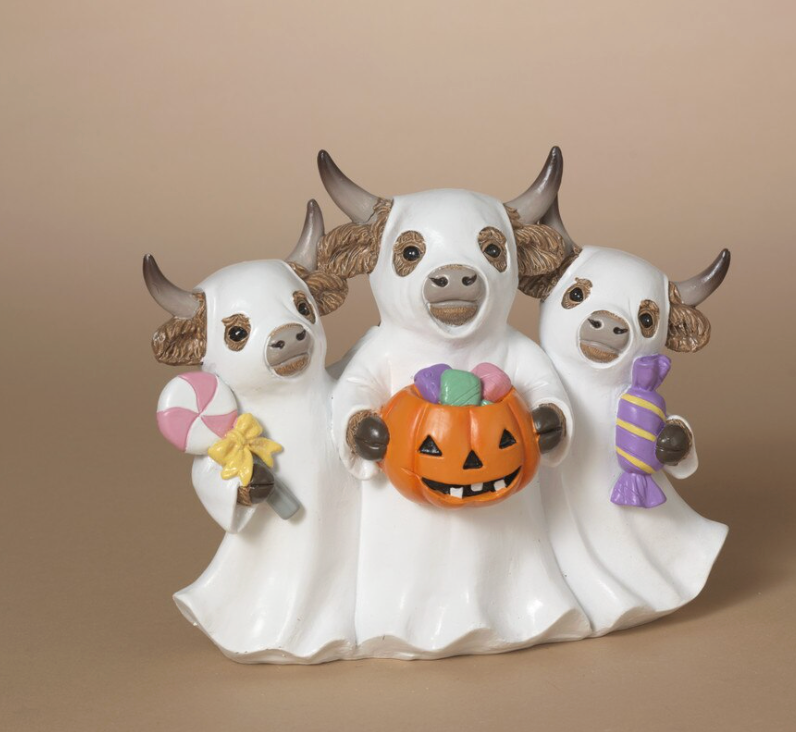 PREORDER ONLY 7.87"L Resin Halloween Highland Cow Ghost Family