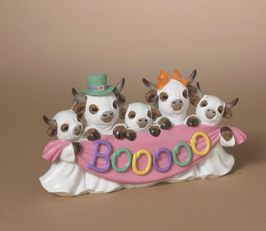 PREORDER ONLY 9.65"L Resin Halloween Highland Cow Ghosts Holding "BOO" Banner
