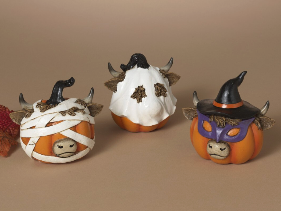 PREORDER ONLY 4.61"H Resin Halloween Highland Cow Head Pumpkin SET OF 3