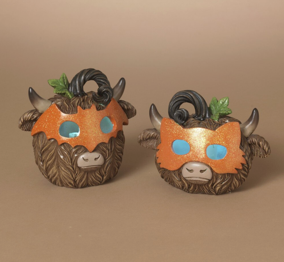 PREORDER ONLY 5.71"L B/O Lighted Halloween Highland Cow Head w/ Mask & Time SET OF 2