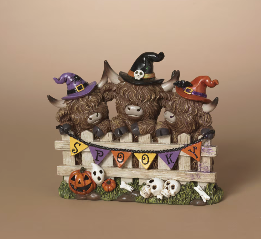 PREORDER ONLY 8.27"L Resin Halloween Highland Cows w/ "Spooky" Banner