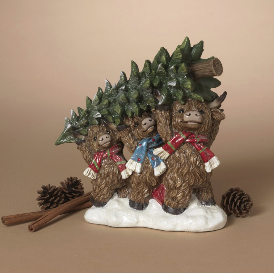 PREORDER ONLY 8.86"H Resin Holiday Highland Cows Carrying Tree