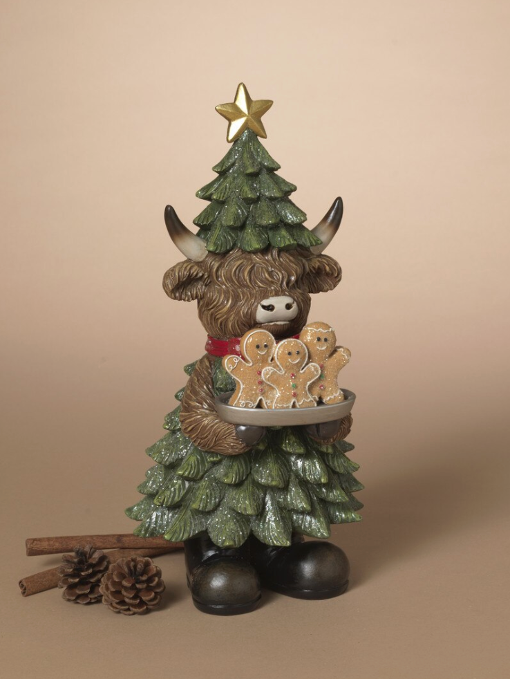 PREORDER ONLY 12.4"H Resin Holiday Highland Cow Holding Gingerbread Treats