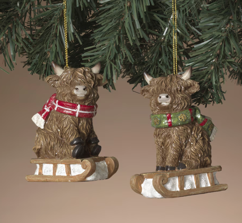 PRERORDER ONLY 3.35"H Resin Holiday Highland Cow Ornament SET OF 2