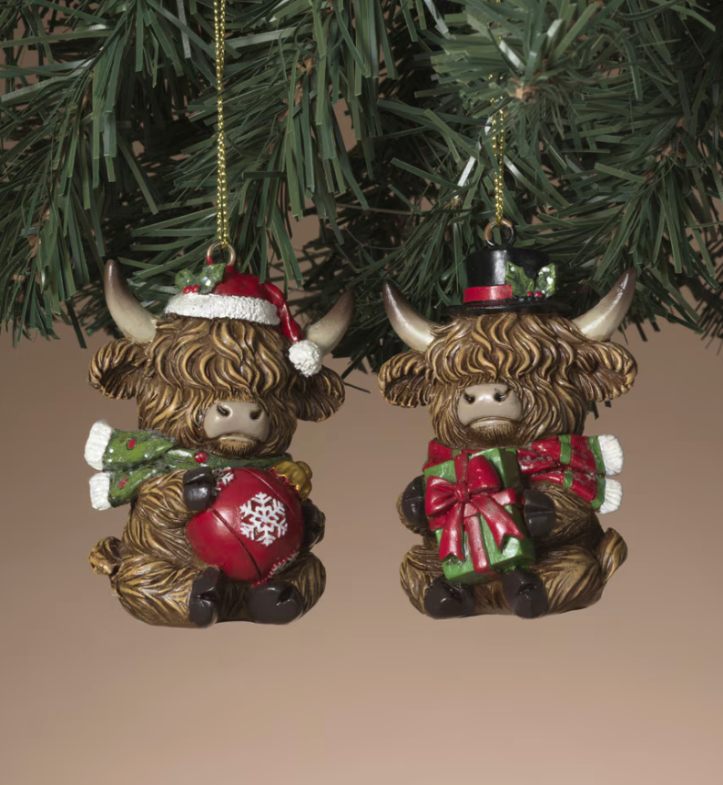 PREORDER ONLY 2.95"H Resin Holiday Highland Cow Ornament SET OF 2