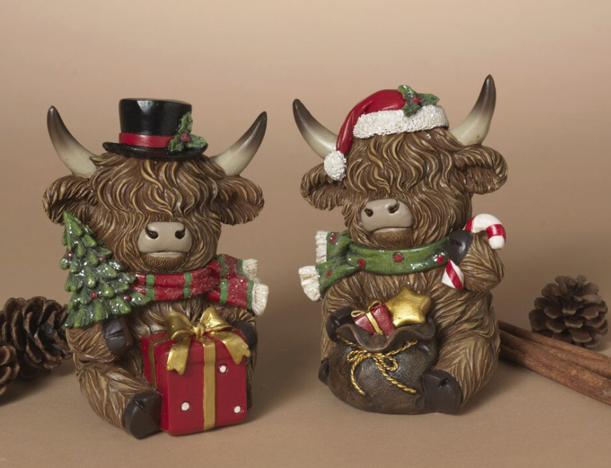 PREORDER ONLY 5.31"H Resin Holiday Highland Cow SET OF 2