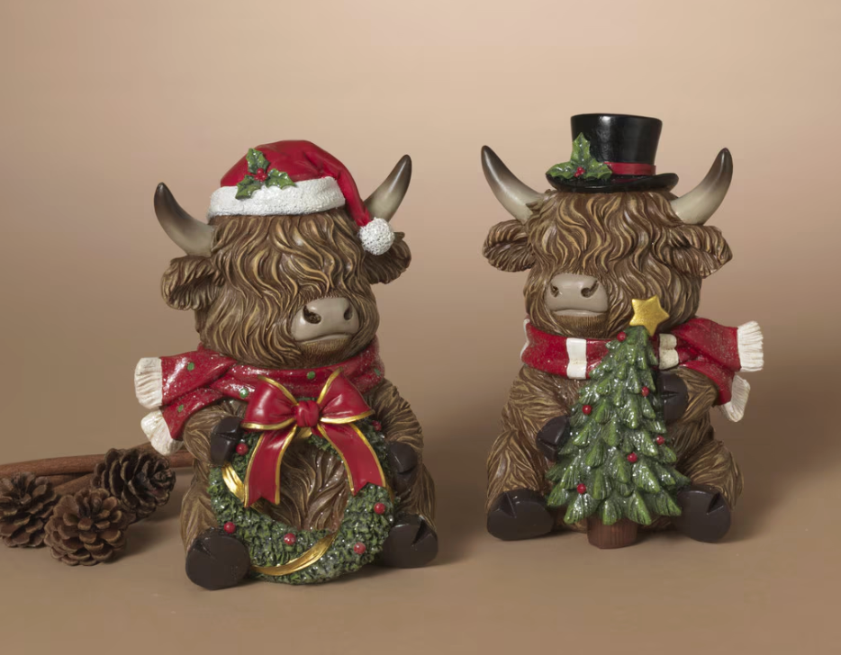 PREORDER ONLY 7.68"H Resin Holiday Highland Cow SET OF 2