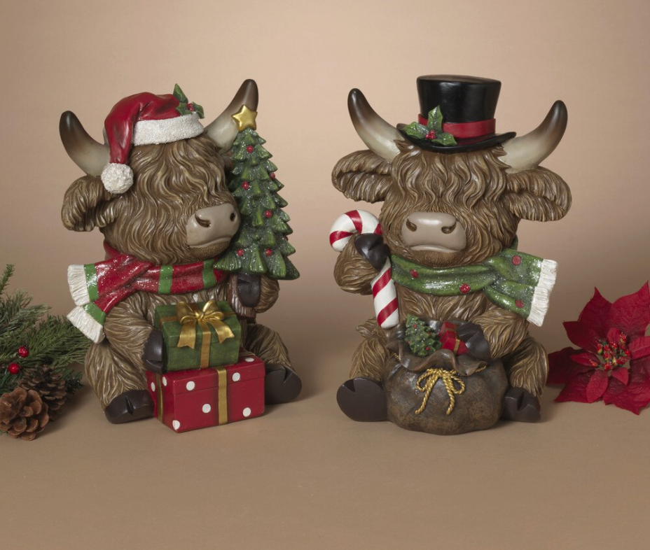 PREORDER ONLY 13.58"H Resin Holiday Highland Cow SET OF 2 LARGE