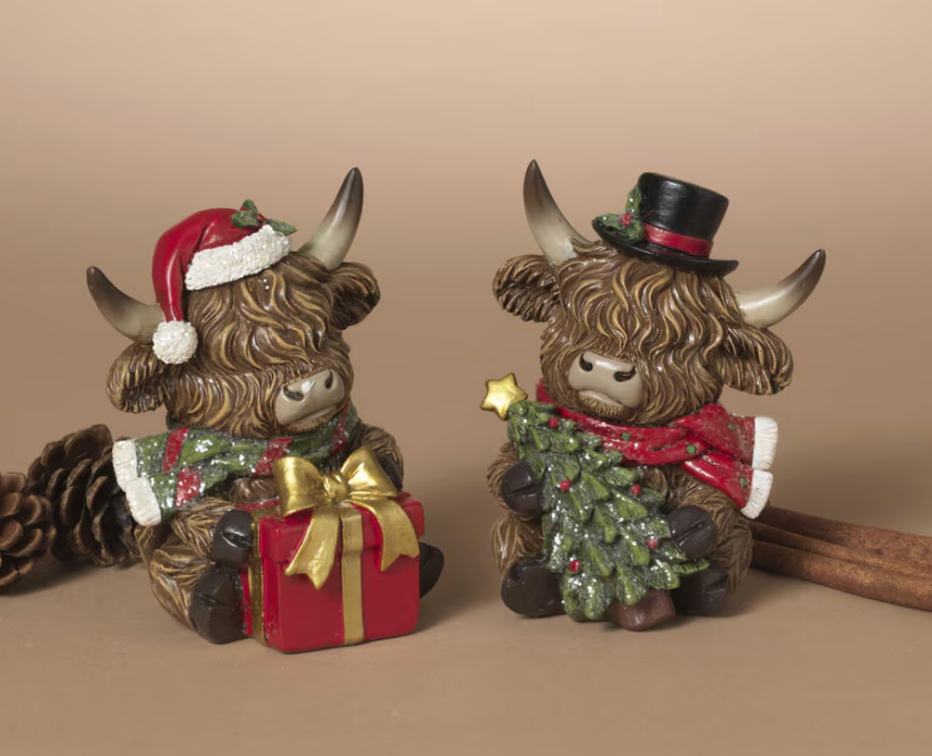 PREORDER ONLY 4.33"H Resin Holiday Highland Cow SET OF 2 