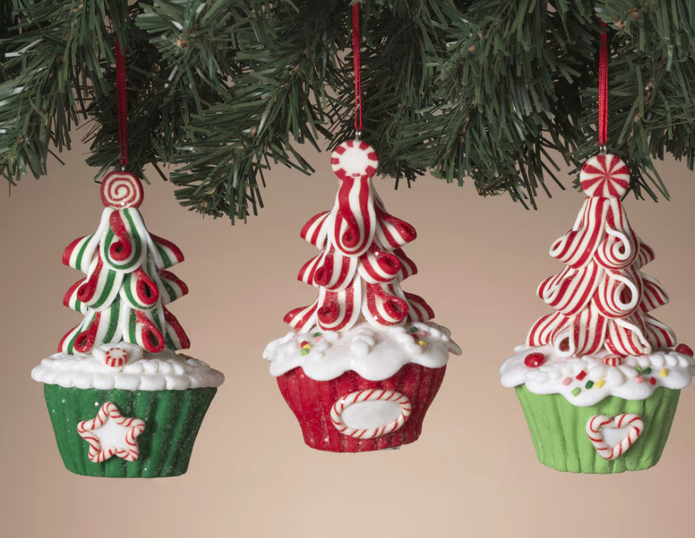 PREORDER ONLY 4"H Clay Dough Holiday Candy Cupcake Ornament SET OF 3