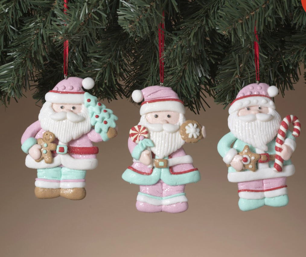 PREORDER ONLY 4.5"H Clay Dough Holiday Santa Ornament SET OF 3