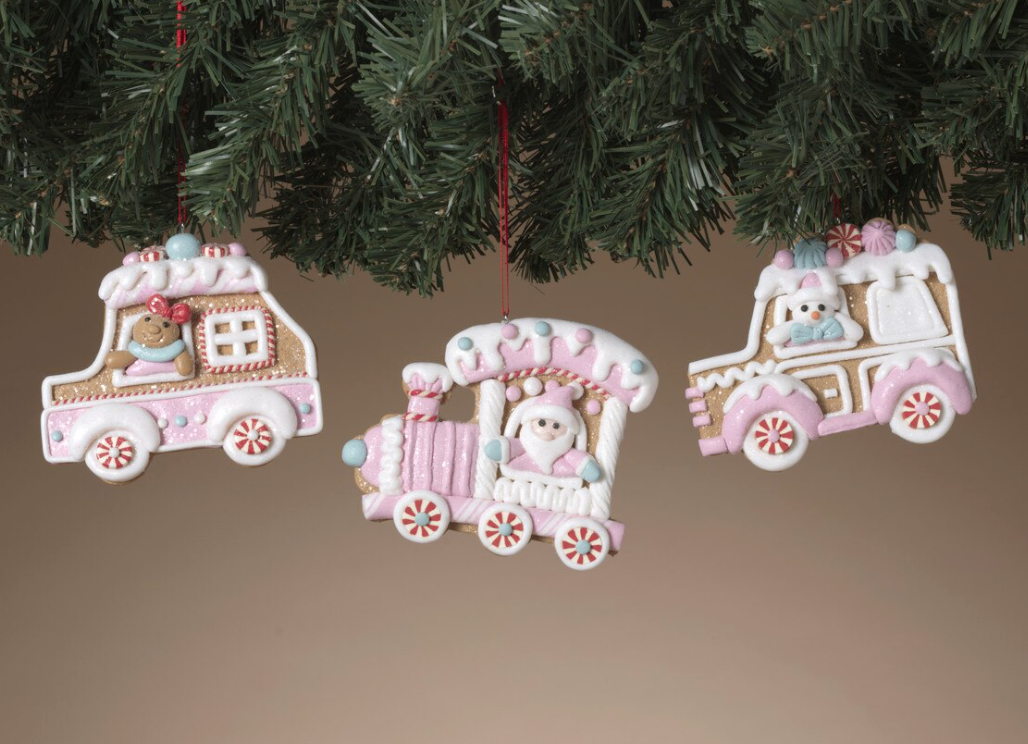 PREORDER ONLY 4"H Clay Dough Holiday Truck & Train Ornament SET OF 3