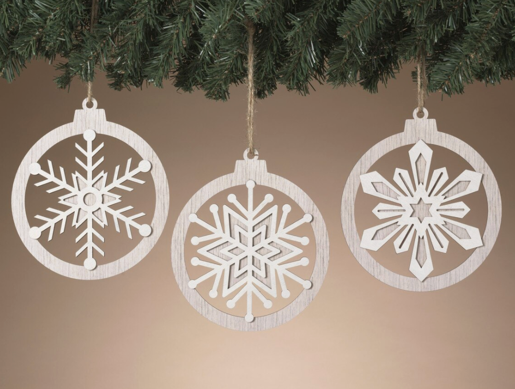 PREORDER ONLY 7.87"H Wood Holiday Snowflake Design Ornament SET OF 3