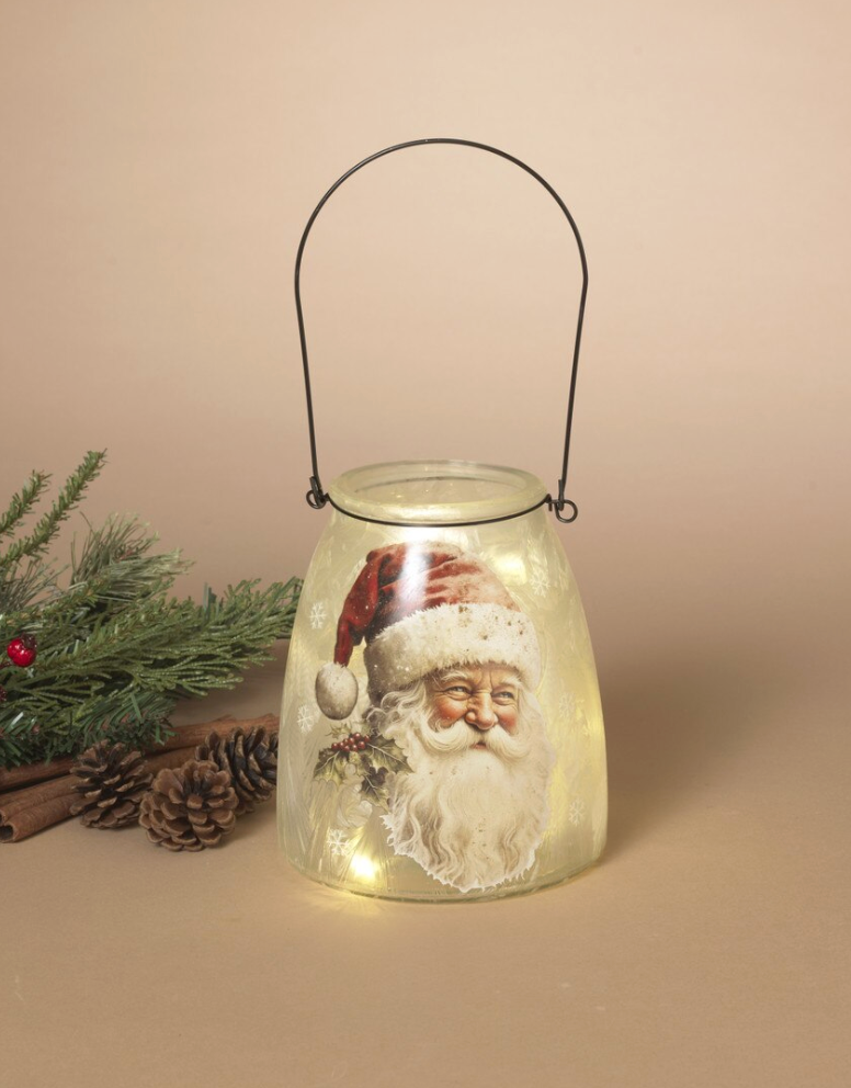 PREORDER ONLY 5.9"H B/O Lighted Frosted Glass Santa Design Luminary