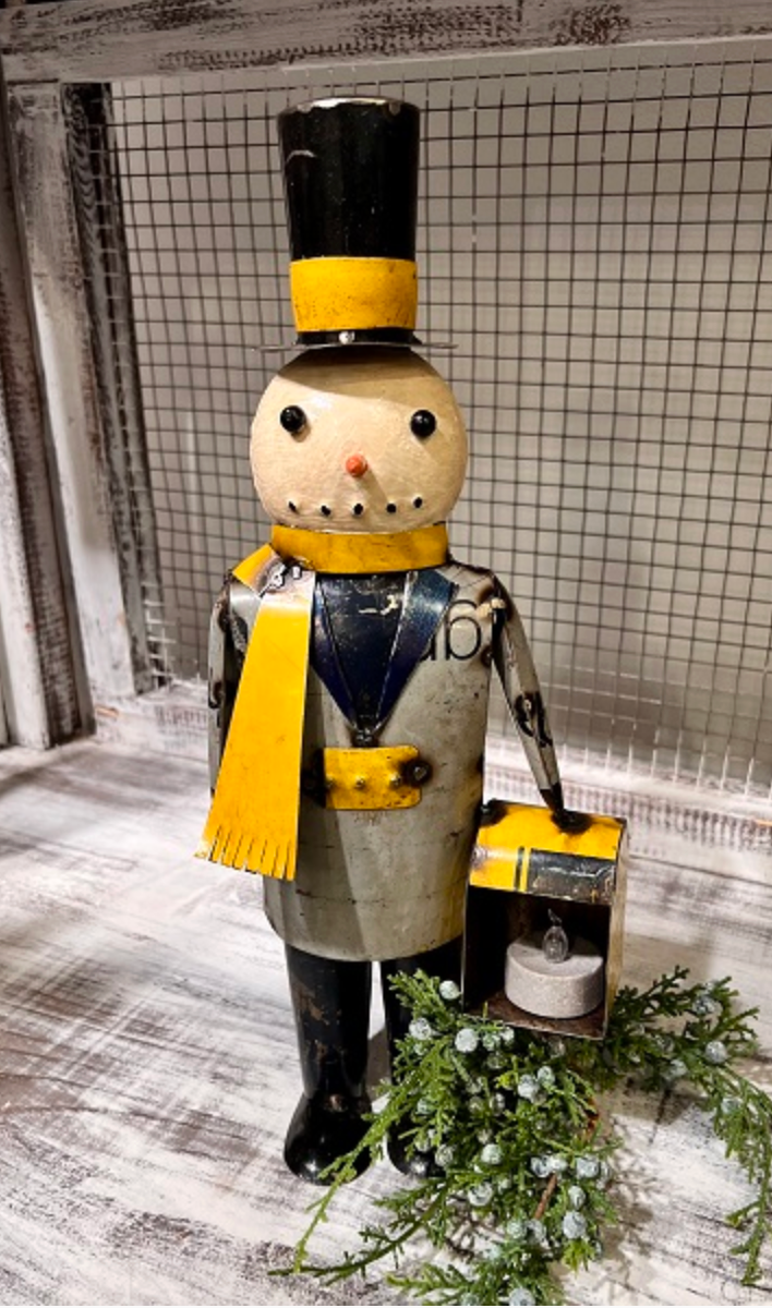 Recycled Metal Snowman with Lantern PREORDER ONLY