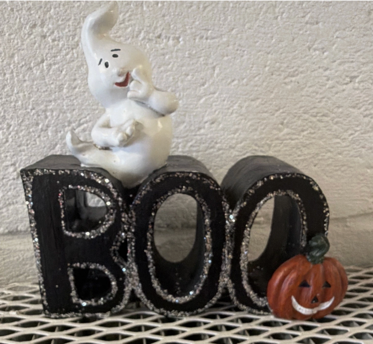 Halloween BOO Figurine Freestanding Black Sign White Ghost Orange Pumpkin