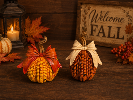 Ribbon Bow Maize Pumpkin 5" Tabletop  SET OF 2