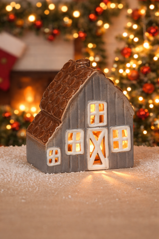 PREORDER ONLY 5.31"H Ceramic Holiday Barn House Candleholder w/ Wax Tealight GRAY