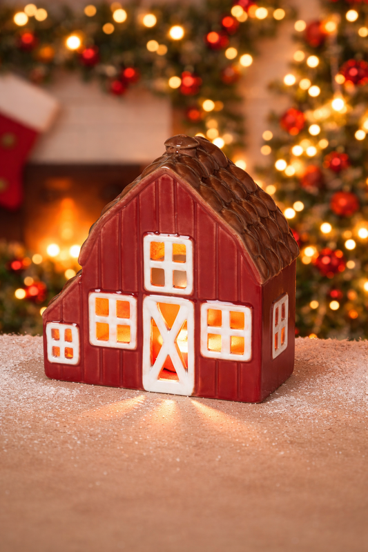 PREORDER ONLY 5.31"H Ceramic Holiday Barn House Candleholder w/ Wax Tealight RED
