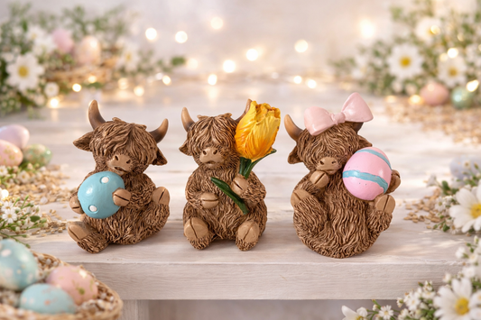 Resin Highland Cow Set of 3 Sitting Easter