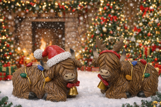 PREORDER ONLY Highland Cow SET OF 2 Christmas with bulbs